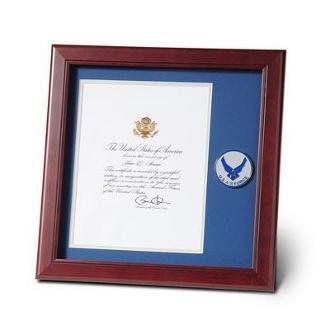 Air Force Medallion Presidential Memorial Certificate Frame made of mahogany wood, featuring blue matting and a small medallion.