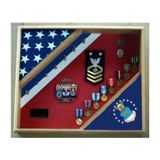 USAF 3' X 5' Flag Shadow Box made of premium wood, featuring a blue, white, and red stripe design with a plexiglass front, holding two flags.