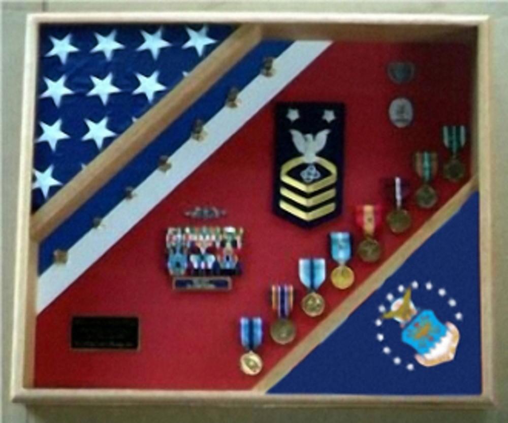 Handmade USAF Flag Shadow Box displaying two flags and medals, crafted from premium wood with a plexiglass front.