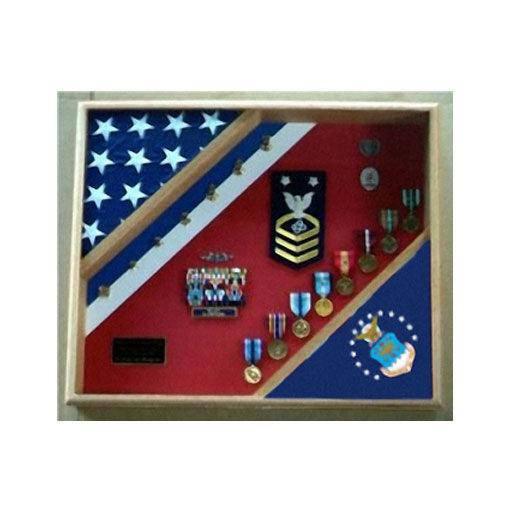 Handmade USAF Flag Shadow Box displaying two 3'x5' flags, crafted from premium wood with plexiglass front.