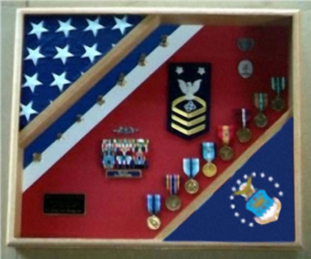 Handcrafted USAF Flag Shadow Box made from premium wood, displaying two 3'x5' flags with a customizable background.