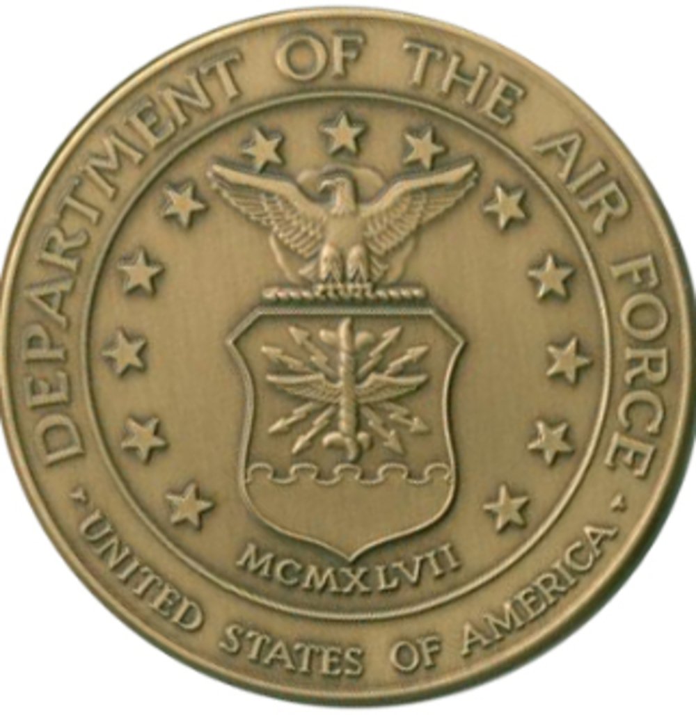 Air Force Service Medallion made of solid brass with an antique finish, measuring 2 1/2 inches in diameter, featuring adhesive backing.