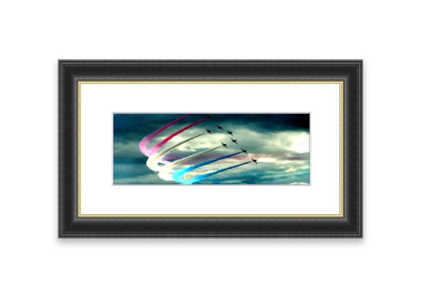 A beautifully framed print of an air show in Cornwall, showcasing vibrant colors and dynamic aerial performances.