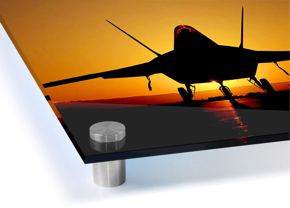 Acrylic print of an airplane against a vibrant sunset, showcasing rich colors and modern design.
