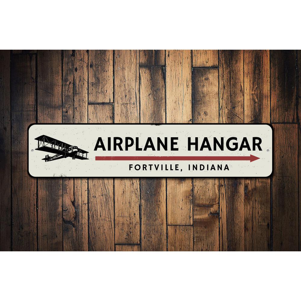 Customizable Airplane Hangar Sign made from high-quality aluminum, featuring pre-drilled holes for easy mounting.