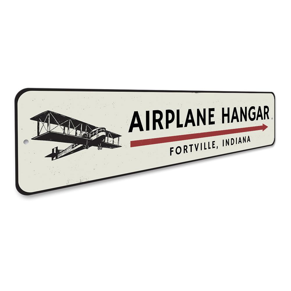 Customizable Airplane Hangar Sign made from high-quality aluminum, featuring pre-drilled holes for easy mounting.