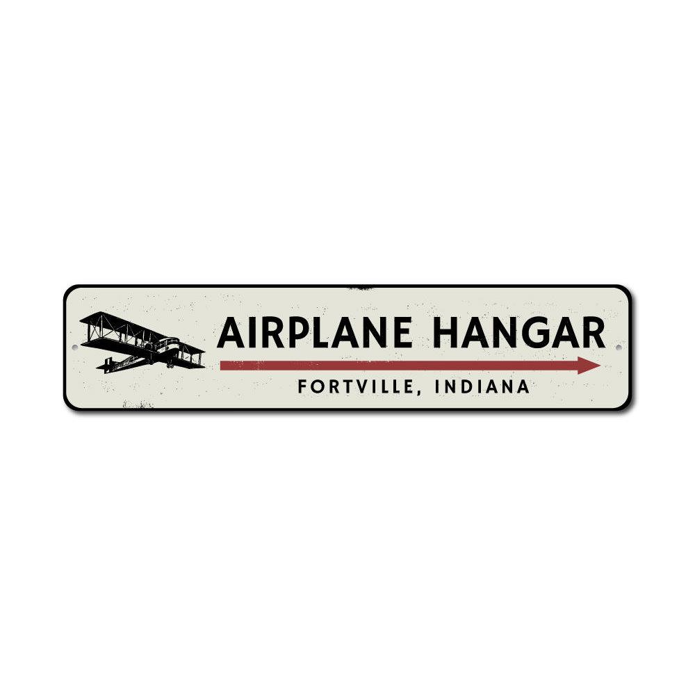 Customizable Airplane Hangar Sign made from high-quality aluminum, featuring pre-drilled holes for easy mounting.