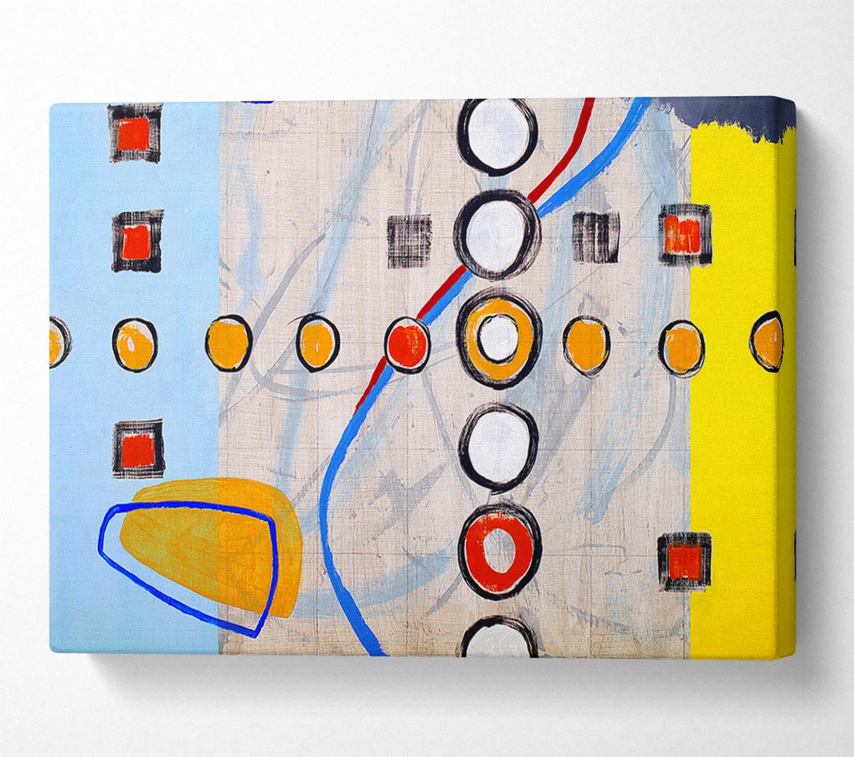 All Circles And Squares canvas art mounted on a 44mm box frame, featuring vibrant geometric patterns.