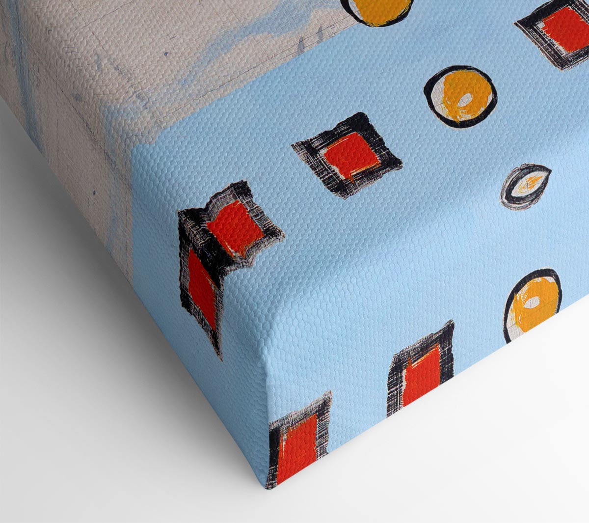 All Circles And Squares canvas art mounted on a 44mm box frame, featuring vibrant geometric patterns.