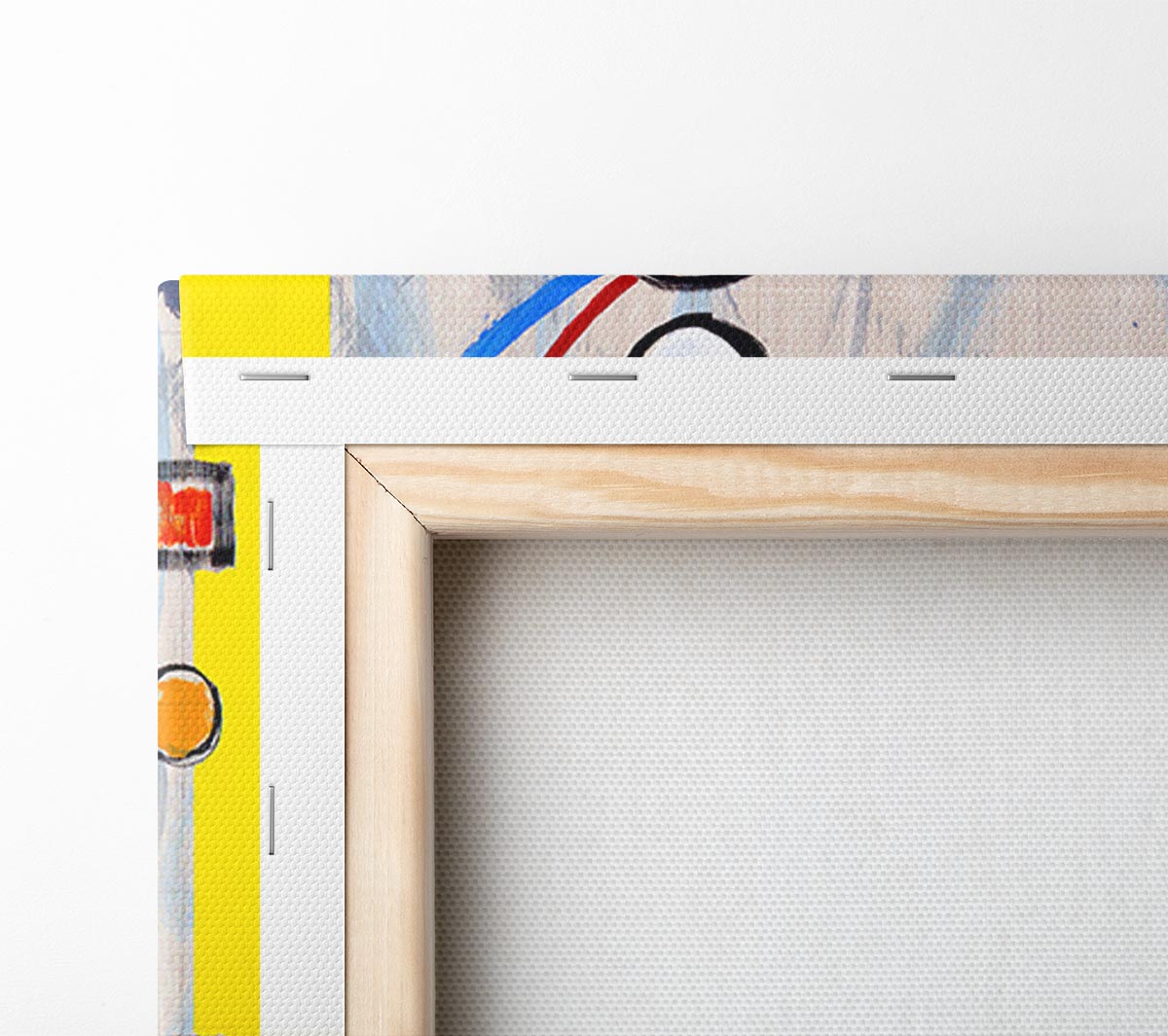 All Circles And Squares canvas art mounted on a 44mm box frame, featuring vibrant geometric patterns.