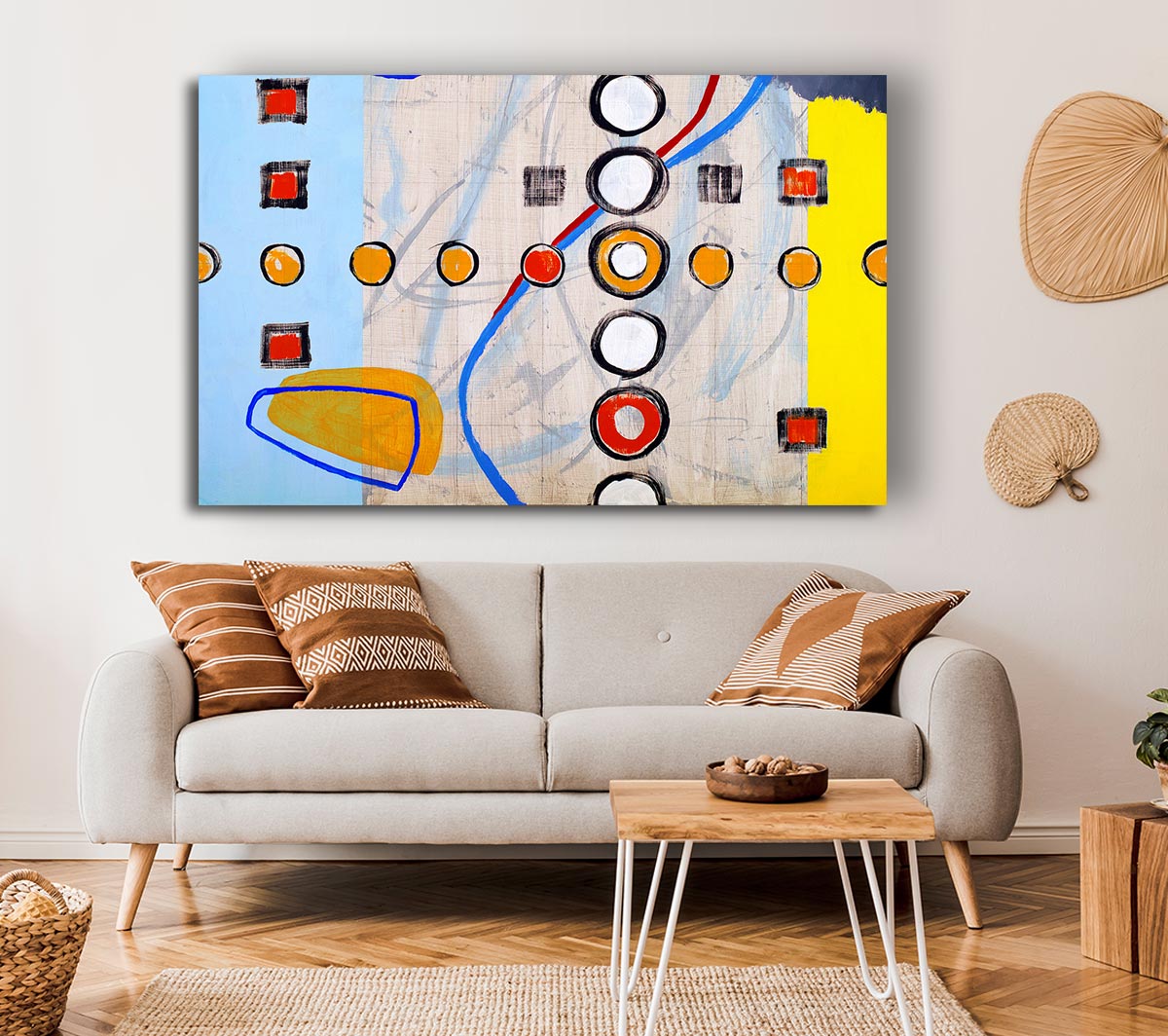 All Circles And Squares canvas art mounted on a 44mm box frame, featuring vibrant geometric patterns.