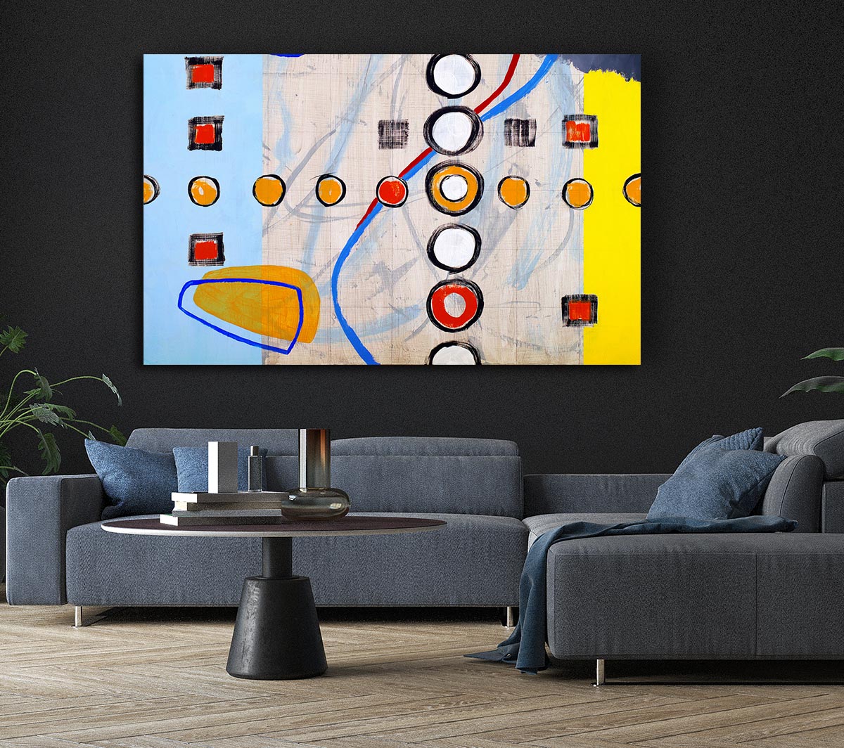 All Circles And Squares canvas art mounted on a 44mm box frame, featuring vibrant geometric patterns.