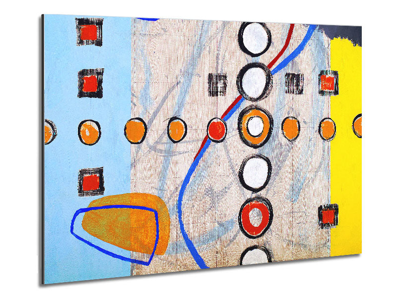 Modern artwork titled All Circles And Squares printed on brushed aluminium dibond, showcasing vibrant geometric shapes.