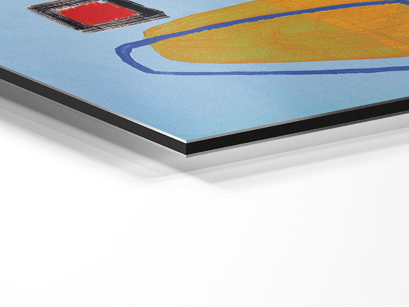 Modern artwork titled All Circles And Squares printed on brushed aluminium dibond, showcasing vibrant geometric shapes.