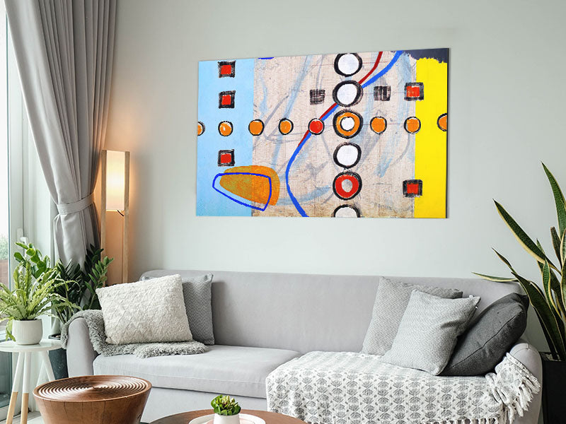 Modern artwork titled All Circles And Squares printed on brushed aluminium dibond, showcasing vibrant geometric shapes.