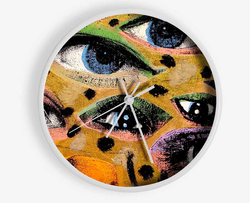 A stylish bamboo wall clock with a round face, available in black, white, and natural colors, featuring a clear Plexiglas lens.