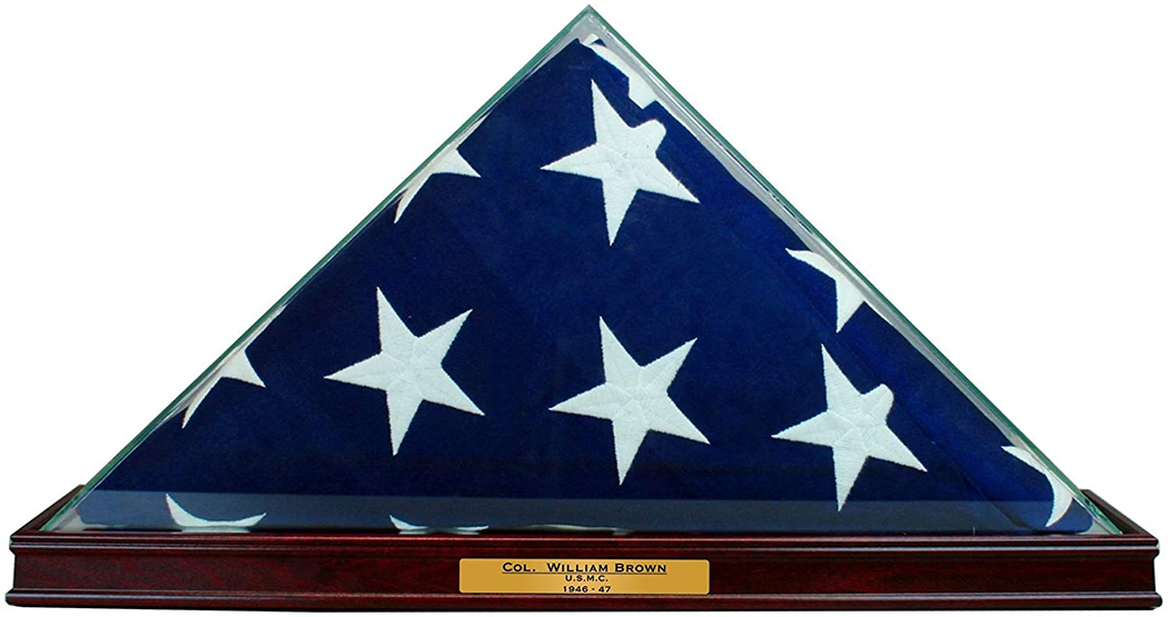 All glass flag display case for 9.5' x 5' flag with cherry wood moulding and engraving plate.