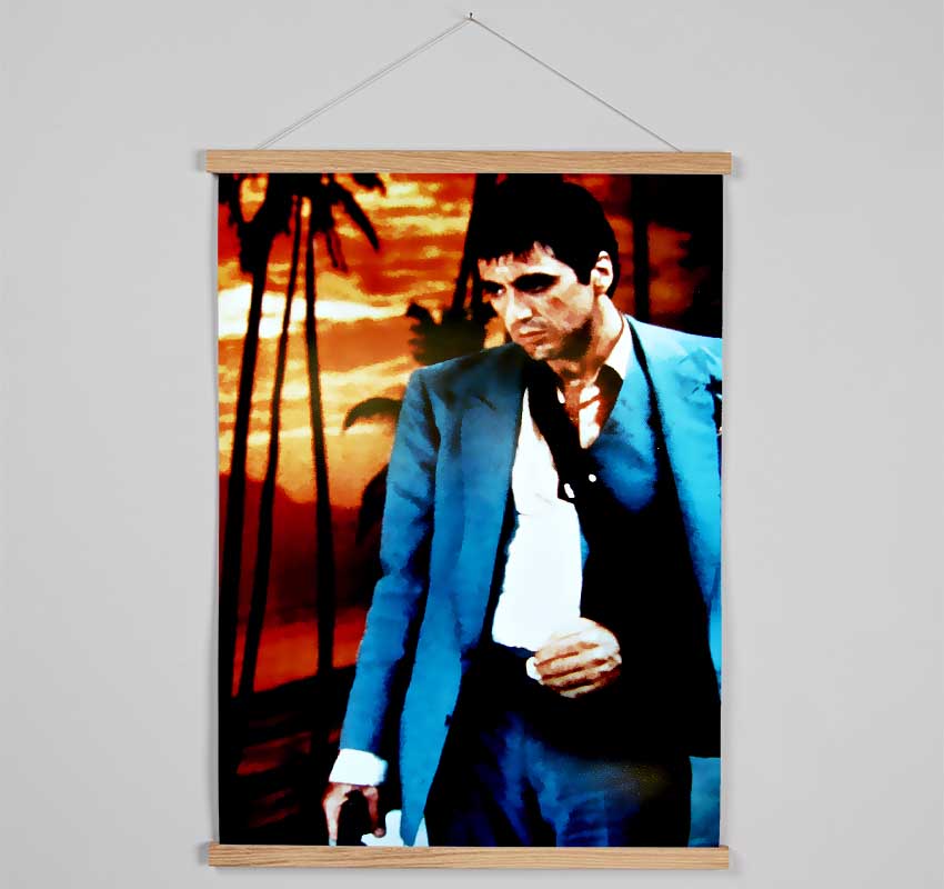 Al Pacino Scarface 03 wooden poster hangers featuring a sleek design with magnetic fastening, available in black, white, and natural oak finishes.