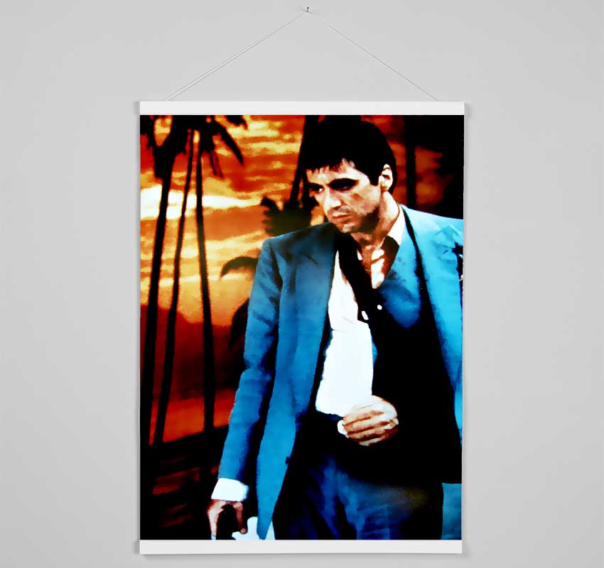 Al Pacino Scarface 03 wooden poster hangers featuring a sleek design with magnetic fastening, available in black, white, and natural oak finishes.