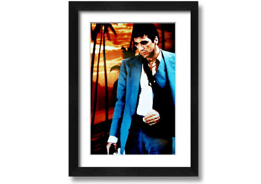 Framed print of Al Pacino as Tony Montana in Scarface, showcasing vibrant colors and quality craftsmanship.