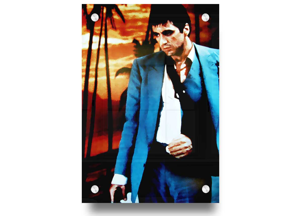 Al Pacino Scarface 03 acrylic print on a wall, showcasing vibrant colors and iconic imagery.