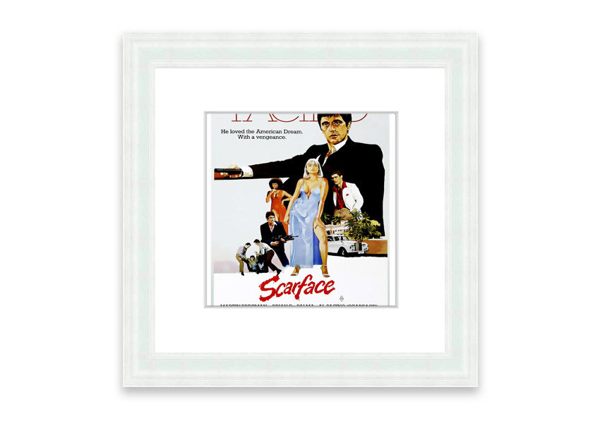 Framed print of Al Pacino as Scarface, showcasing vibrant colors and detailed craftsmanship, ready to hang.