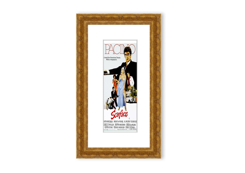 Framed print of Al Pacino as Scarface, showcasing vibrant colors and detailed craftsmanship, ready to hang.