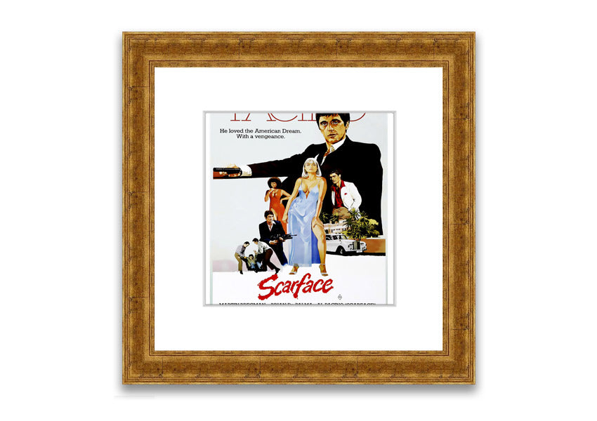 Framed print of Al Pacino as Scarface, showcasing vibrant colors and detailed craftsmanship, ready to hang.
