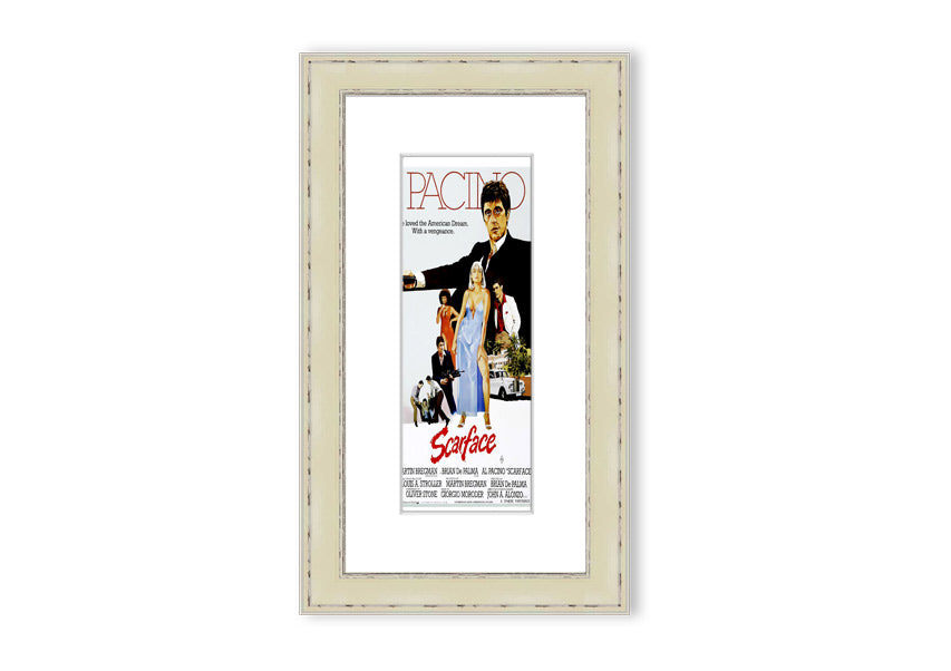 Framed print of Al Pacino as Scarface, showcasing vibrant colors and detailed craftsmanship, ready to hang.