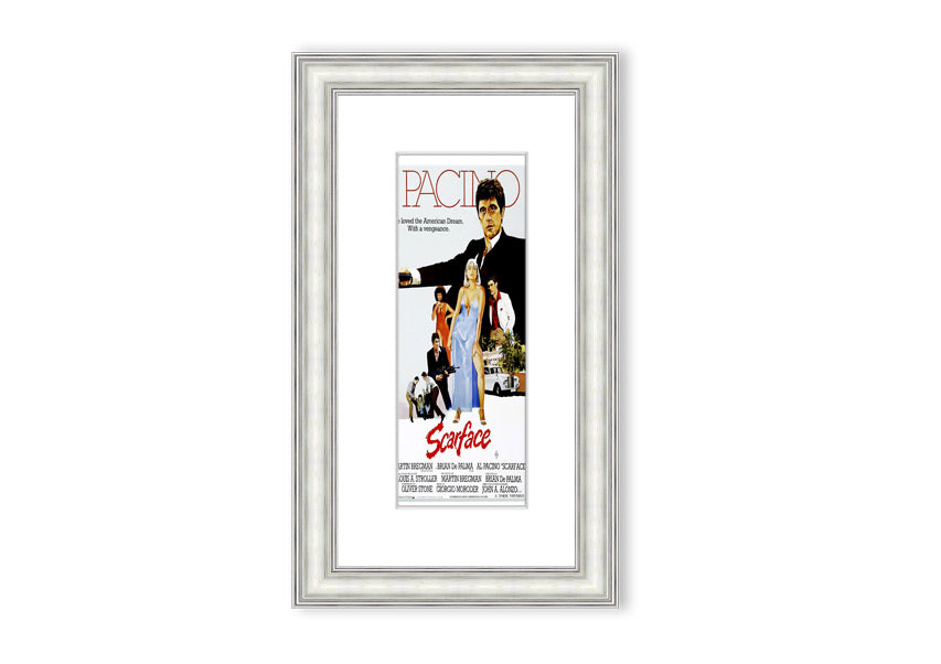 Framed print of Al Pacino as Scarface, showcasing vibrant colors and detailed craftsmanship, ready to hang.