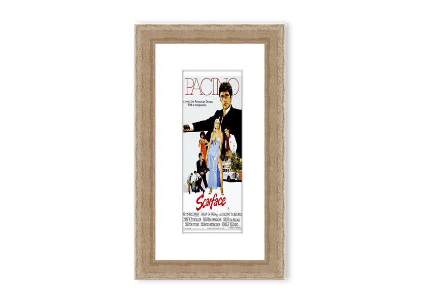 Framed print of Al Pacino as Scarface, showcasing vibrant colors and detailed craftsmanship, ready to hang.