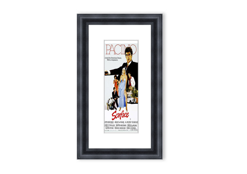 Framed print of Al Pacino as Scarface, showcasing vibrant colors and detailed craftsmanship, ready to hang.