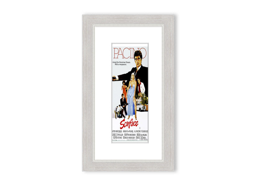 Framed print of Al Pacino as Scarface, showcasing vibrant colors and detailed craftsmanship, ready to hang.
