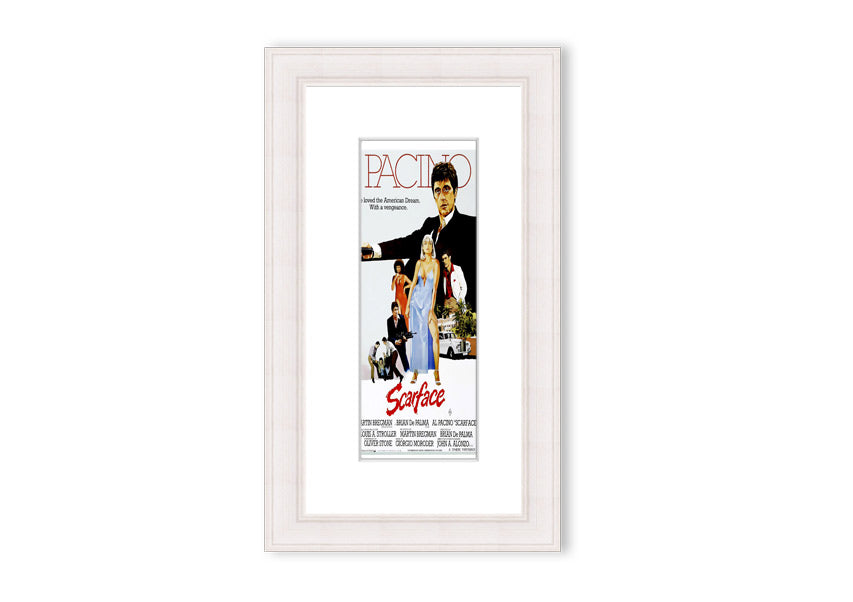 Framed print of Al Pacino as Scarface, showcasing vibrant colors and detailed craftsmanship, ready to hang.