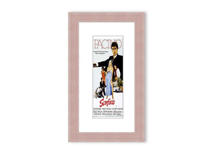Framed print of Al Pacino as Scarface, showcasing vibrant colors and detailed craftsmanship, ready to hang.