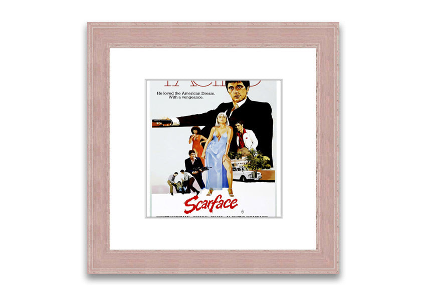 Framed print of Al Pacino as Scarface, showcasing vibrant colors and detailed craftsmanship, ready to hang.