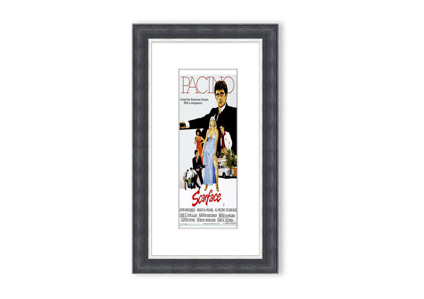Framed print of Al Pacino as Scarface, showcasing vibrant colors and detailed craftsmanship, ready to hang.