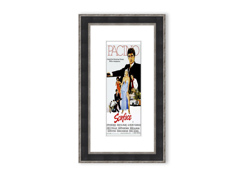 Framed print of Al Pacino as Scarface, showcasing vibrant colors and detailed craftsmanship, ready to hang.