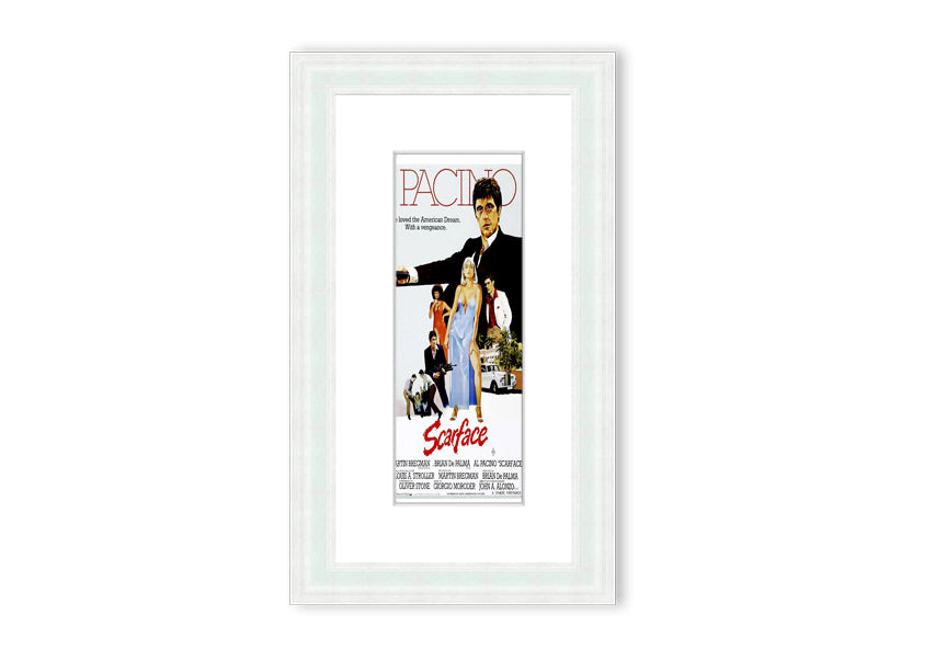 Framed print of Al Pacino as Scarface, showcasing vibrant colors and detailed craftsmanship, ready to hang.