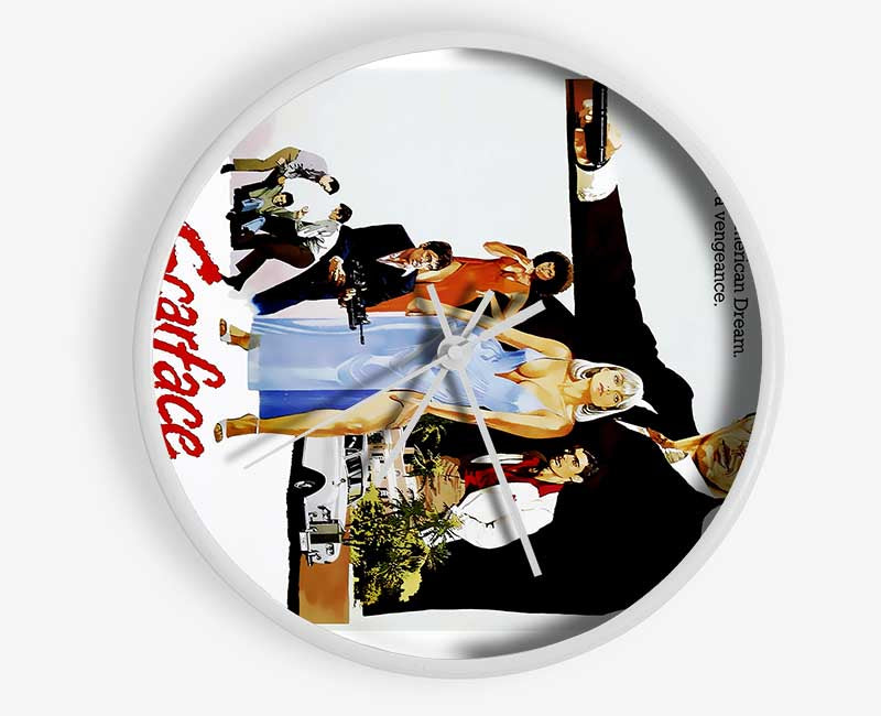 Al Pacino Scarface clock made from natural bamboo with a round face and clear Plexiglas lens, available in black, white, and natural frame colors.