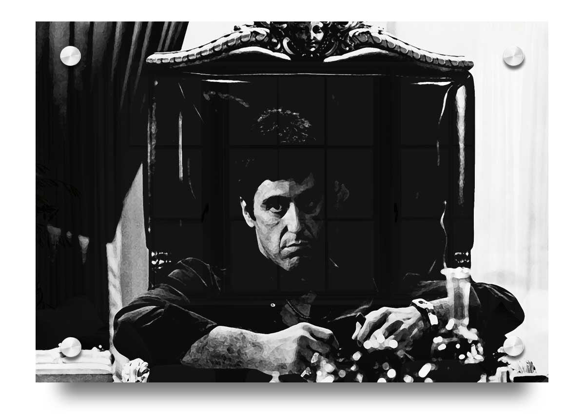 Acrylic print of Al Pacino as Michael Corleone from The Godfather, showcasing vibrant colors and a sleek design.