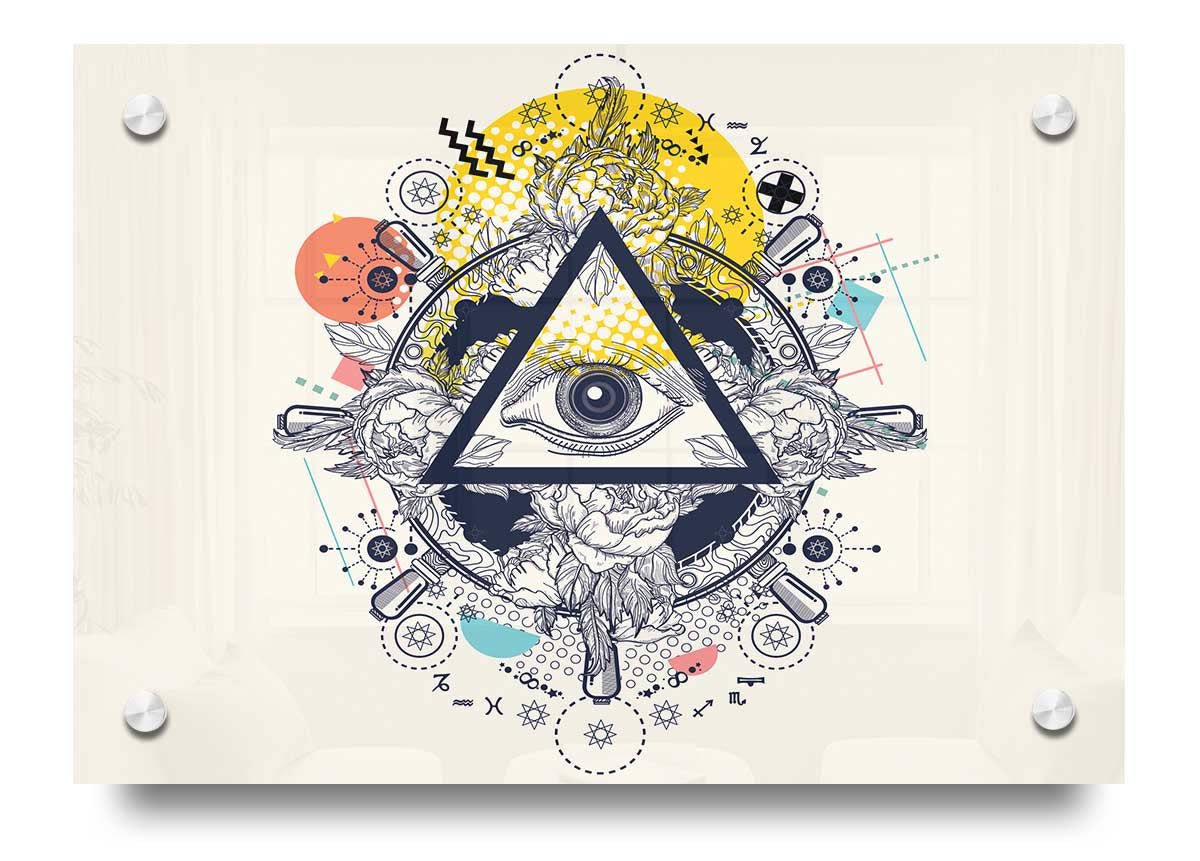 All Seeing Eye acrylic print on 5mm thick acrylic glass, showcasing vibrant colors and intricate details, ready to hang on a wall.