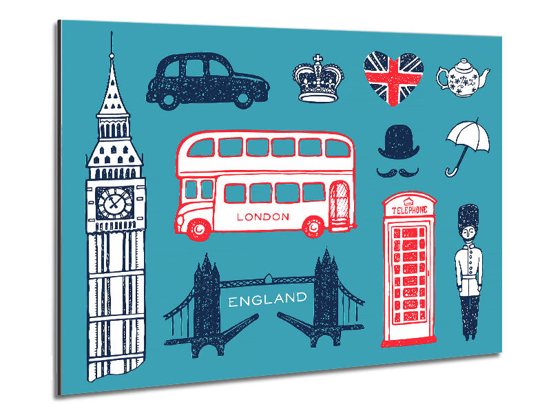 Modern urban-themed artwork 'All The Things To Love In The City 3' printed on brushed aluminium dibond, showcasing vibrant colors and sleek design.