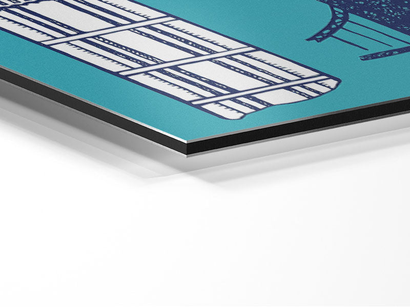 Modern urban-themed artwork 'All The Things To Love In The City 3' printed on brushed aluminium dibond, showcasing vibrant colors and sleek design.