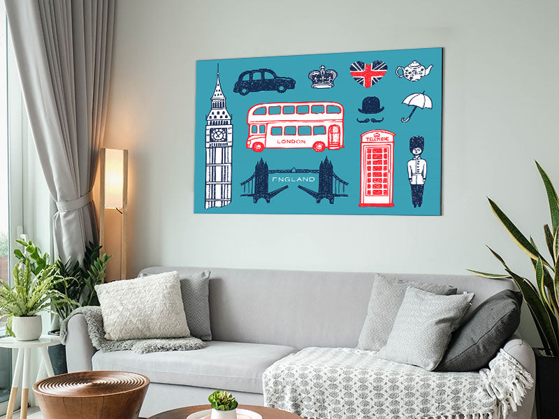 Modern urban-themed artwork 'All The Things To Love In The City 3' printed on brushed aluminium dibond, showcasing vibrant colors and sleek design.