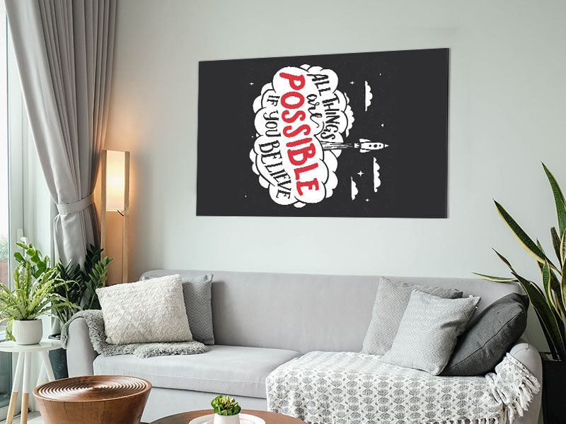 A modern artwork titled 'All Things Are Possible' printed on brushed aluminium dibond, showcasing a sleek and elegant design.