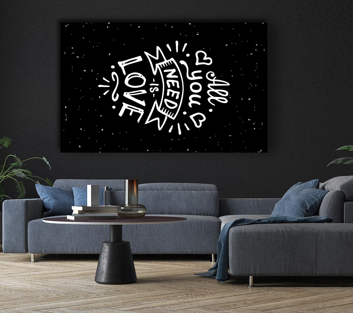 Canvas art titled 'All You Need Is Love 1' featuring vibrant colors, mounted on a sturdy 44mm box frame, ready to hang.