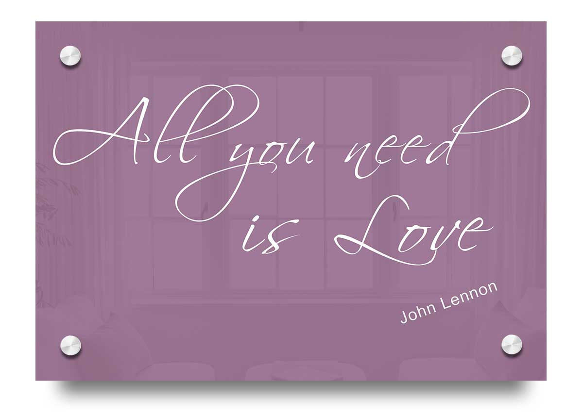 All You Need Is Love 2 Dusty Pink acrylic print on a wall, showcasing vibrant colors and modern design.