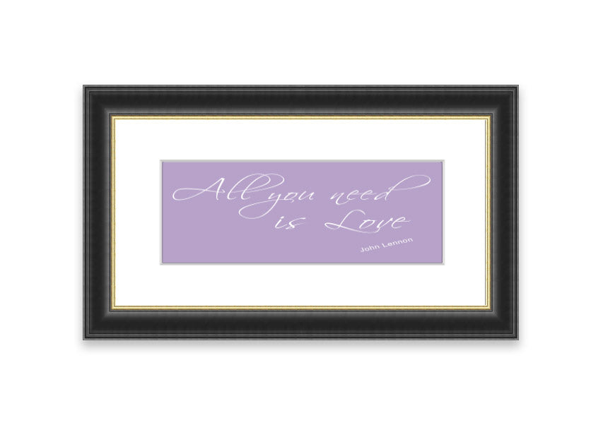 Framed print of 'All You Need Is Love 2 Lilac' featuring a lilac color scheme, ready to hang, handmade in the UK.