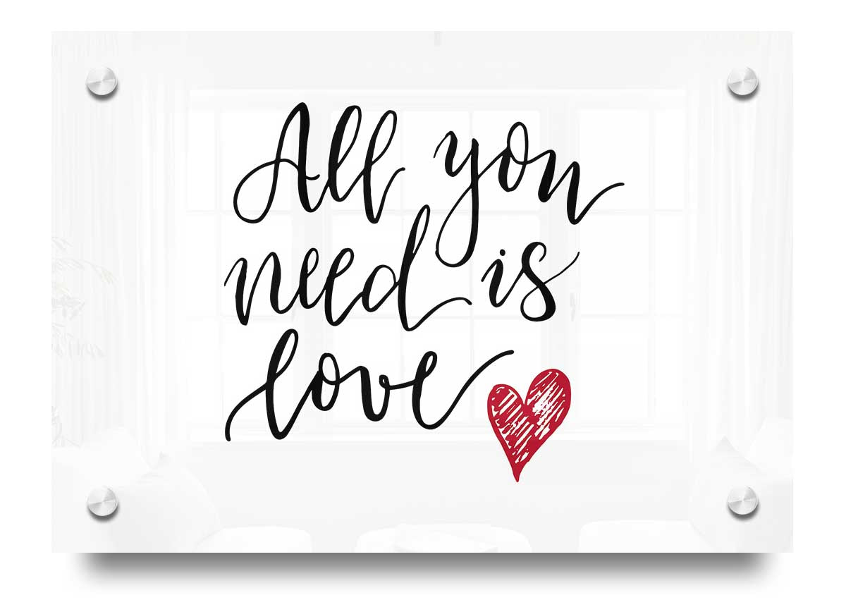 All You Need Is Love 3 acrylic print featuring vibrant colors on 5mm thick acrylic glass, ready to hang.